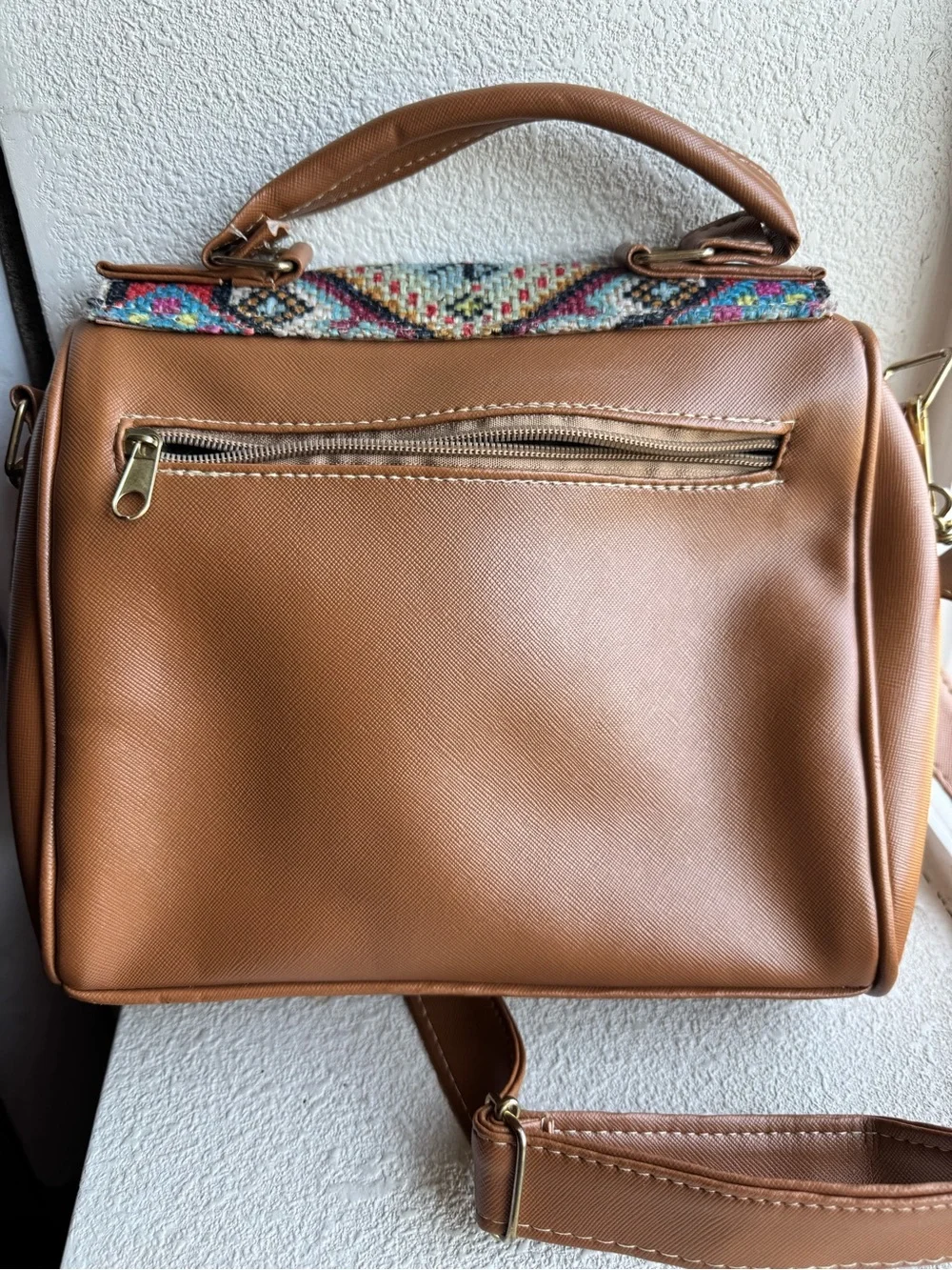 Brown Leather Crossbody Bag with Multicolor Embroidered Flap